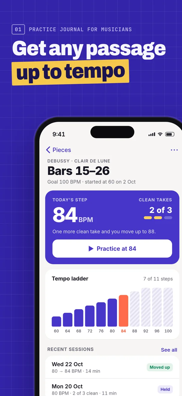 After, frame 1: headline “Get any passage up to tempo” over the tempo ladder screen.