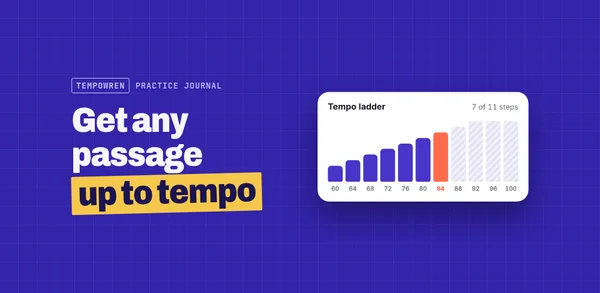 Google Play feature graphic, 1024×500: “Get any passage up to tempo” next to the app's tempo ladder card, no phone.