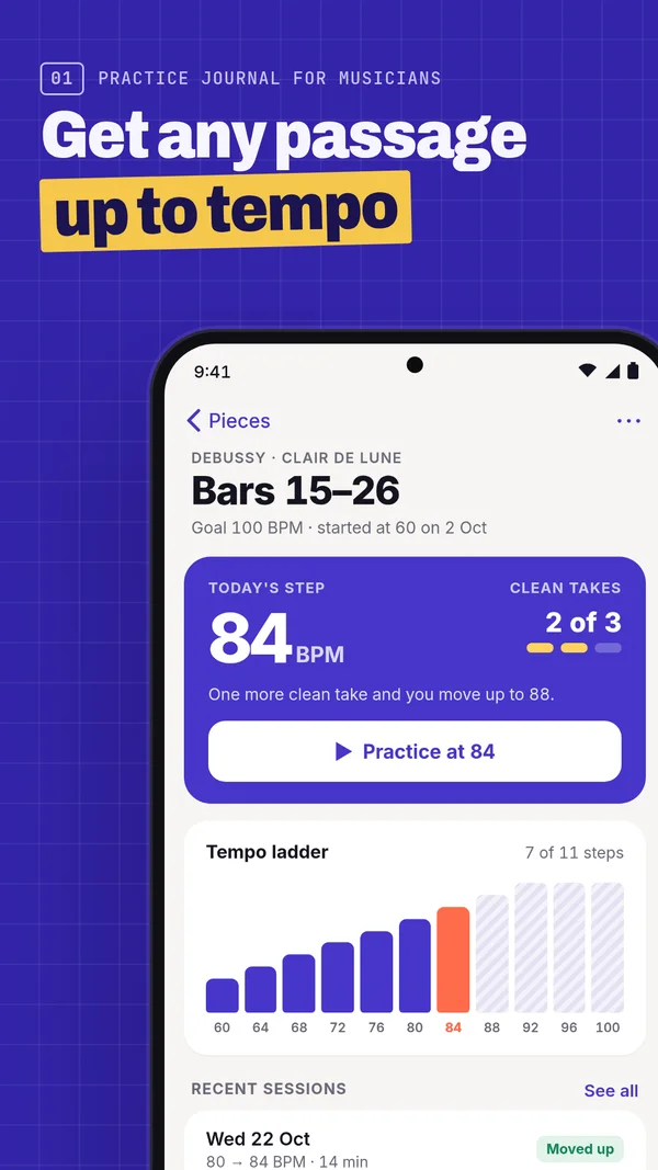 Google Play phone frame, 1080×1920: the tempo ladder screen from the Android build, headline “Get any passage up to tempo”.