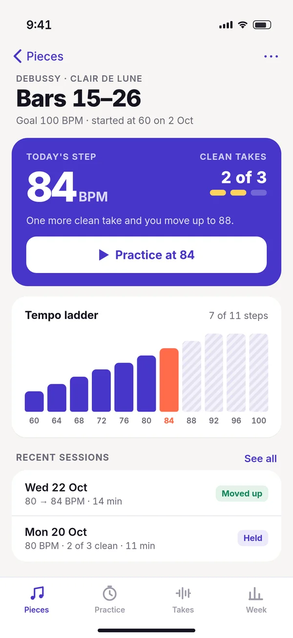 Before, frame 5: the tempo ladder screen, the app's main feature, last in the set.